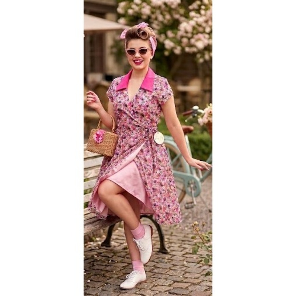 Lindy Bop Elenara Pink Bee Floral Wrap Dress Vintage Retro Rockabilly US 16 NEW